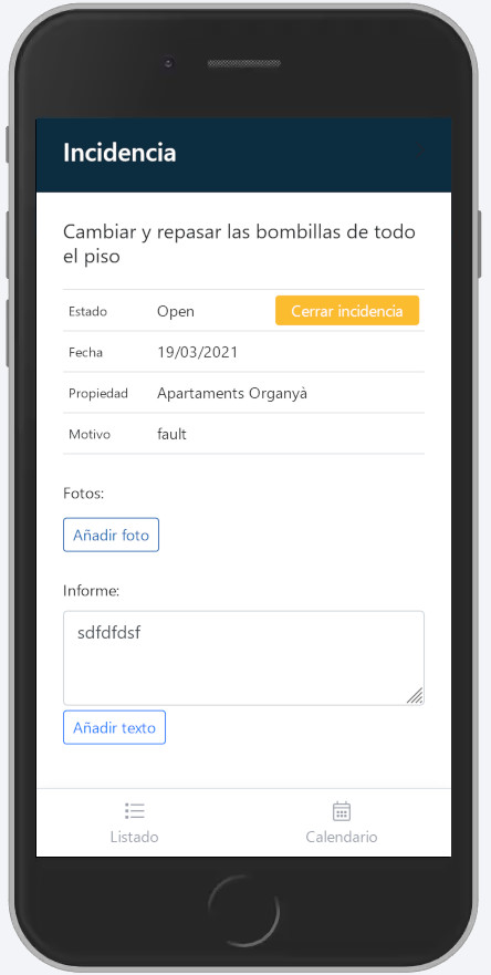 Dispositiu mòbil on es mostra la fitxa d'incidència podreu veure el detall del problema a resoldre dins de l'app